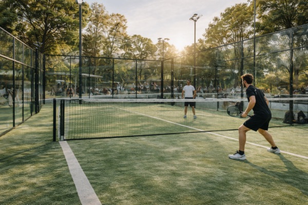 Joueurs en pleine partie sur un terrain de padel extérieur entouré de vitres et d’arbres.
